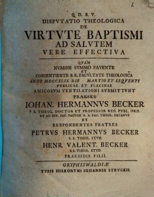 Disp. theol. de virtute baptismi ad salutem vere effectiva