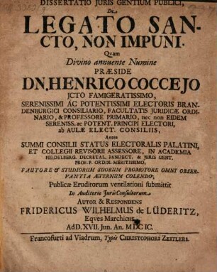Dissertatio Iuris Gentium Publici, De Legato Sancto, Non Impuni