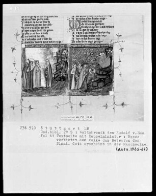 Weltchronik des Rudolf von Ems — Textseite mit Doppelminiatur, Folio 61recto