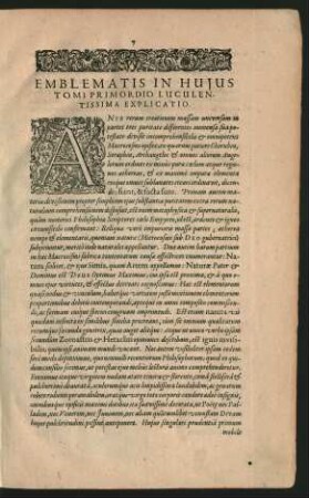 Emblematis In Huius Tomi Primordio Luculentissima Explicatio.