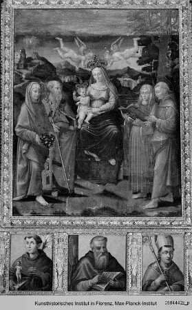 Thronende Madonna mit den Heiligen Elisabeth von Thüringen, Gregor dem Großen, Klara und Franz von Assisi, darunter die Heiligen Antonius von Padua, Hieronymus und ein Bischofsheiliger