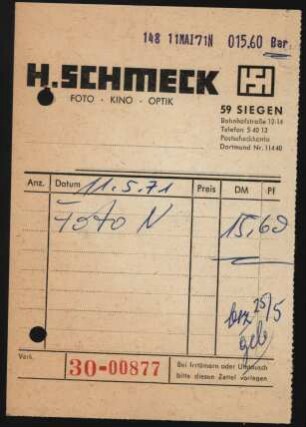 Firmenbriefkopf Heinrich Schmeck, Foto – Kino – Optik