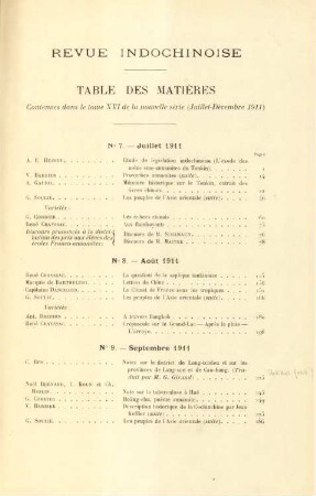 Table des matières contenues dans le tome XVI de la nouvelle série (Juillet - Décembre 1911)