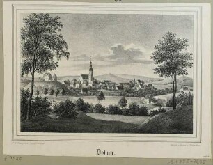 Ortsansicht von Dohna im Müglitztal von Südosten mit der Neubebauung der Burgruine links und der Marienkirche mittig, aus Sachsens Kirchen-Galerie von Hermann Schmidt, 4. Bd. 1840