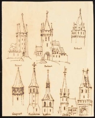 Stadttore und Türme, Bacharach, Kreuznach, Heidelsheim, Brettheim, Ladenburg und Oggersheim: Acht perspektivische Ansichten und Details, davon drei aus Bacharach, Stadttor aus Oggersheim
