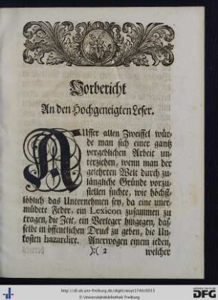 Vorbericht an den Hochgeneigten Leser.