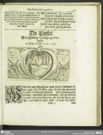 Die Epistel Am Sontag Quinquagesima lautet I. Cor. XIII. v. 1.-13.