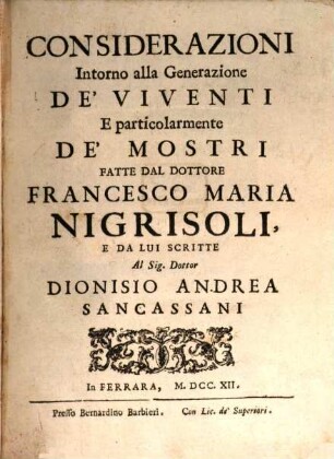 Considerazioni intorno alla Generazione de'Viventi