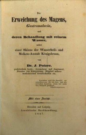Die Erweichung des Magens, Gastromalacia, und deren Behandlung mit reinem Wasser