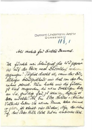 Korrespondenz Else Lasker-Schüler an Schauspielhaus Düsseldorf / Dramaturgie