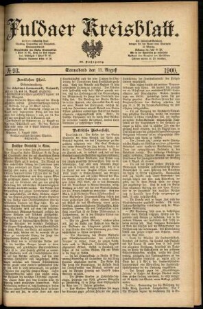 Erste Ausgabe vom Samstag, den 11. August 1900.