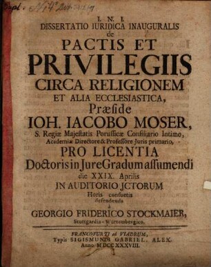 Dissertatio Iuridica Inauguralis de Pactis Et Privilegiis Circa Religionem Et Alia Ecclesiastica
