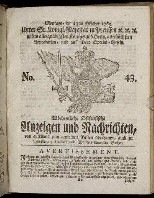 No. 43. Montags, den 23ten Oktober 1769.