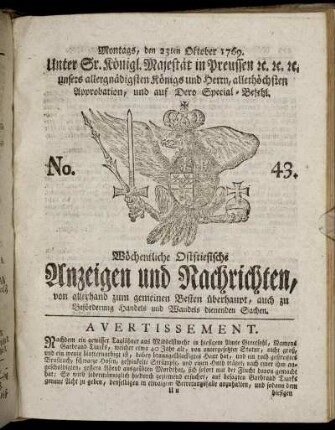 No. 43. Montags, den 23ten Oktober 1769.