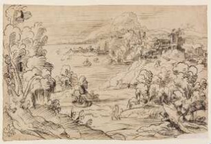 Landschaft mit Ruinen und Hafenstadt