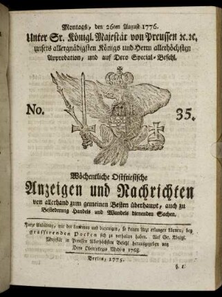 No. 35. Montags, den 26ten August 1776.