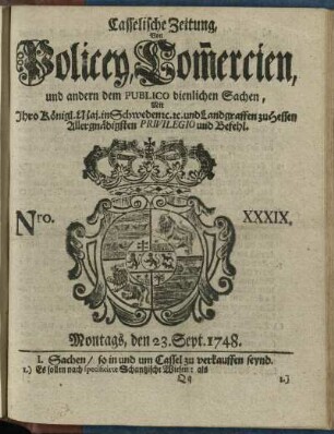 Nro. XXXIX, Montags, den 23. Sept. 1748