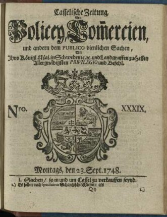 Nro. XXXIX, Montags, den 23. Sept. 1748