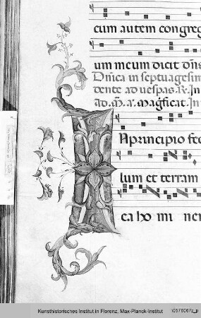 Buchseite mit Text, Neumen und Rankeninitiale I - Corale