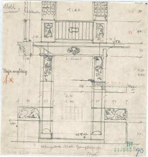 Fischer, Theodor; München - Westend; Wohnblock Leonhard Moll - Wohnblock Moll - Ganghoferstrasse - Portal (Ansicht, Schnitte)