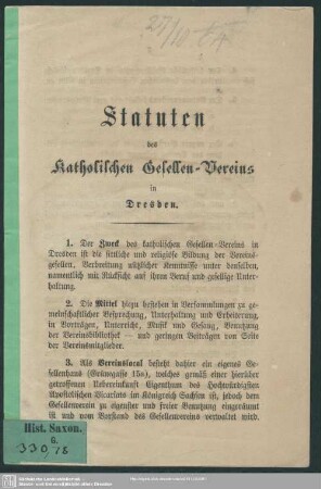Statuten des Katholischen Gesellen-Vereins in Dresden