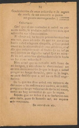 Contestación de una señorita a la segunda carta de un amante a quien no quiere corresponder