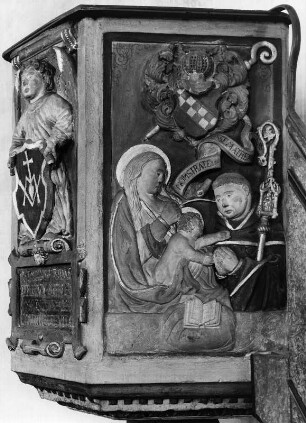 Kanzel : Kanzel. Stein (1596). Großkarlbach, Pfarrkirche Sankt Jakob
