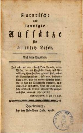 Satyrische & launigte Aufsätze : für allerley Leser