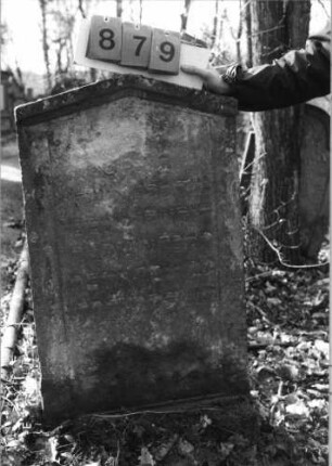 Grabstein 879 (Index: 99751200) Material: Sandstein Zustand: abgeblättert/verwittert Maße HxBxT: 104x58x11 cm Beschreibung: Stele, giebelartiger Abschluß mit Verdachung, Schriftfeld eingetieft: Grabstein 879