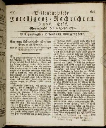 XXXV. Stück. Sonnabends: den 1. Sept. 1792.