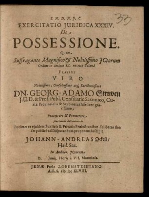 Exercitatio Iuridica XXXIV. De Possessione