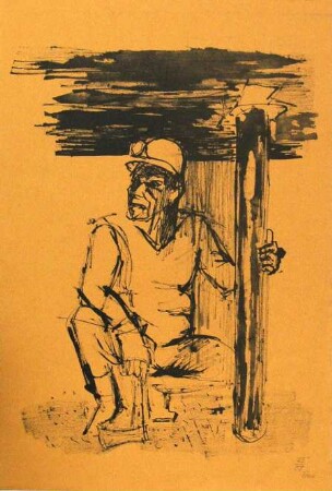 Druckgrafik einer Tuschezeichnung aus dem Zyklus "Amerikanische Bergleute unter Tage", Bl. 2: Bergmann im Streb