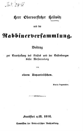 Herr Obervorsteher Hellwitz und die Rabbinerversammlung : Beitrag zur Beurtheilung des Geistes und der Bestrebungen dieser Versammlung