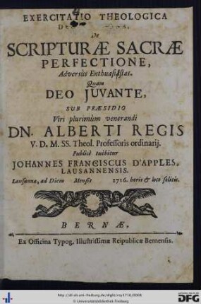 Exercitatio Theologica Decima Nona De Scripturae Sacrae Perfectione Adversùs Enthuasiastas [!]