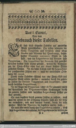 Das I. Capitel, Von dem Gebrauch dieser Tabellen