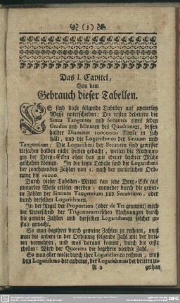 Das I. Capitel, Von dem Gebrauch dieser Tabellen