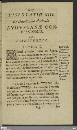 Disputatio XIII. Ex Duodecimo Articulo Augustanae Confessionis. De Poenitentia