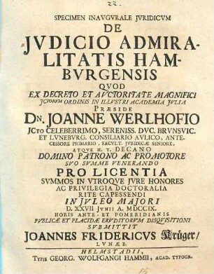 Specimen Inavgvrale Jvridicvm De Jvdicio Admiralitatis Hambvrgensis