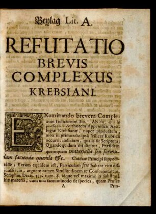 Beylag Lit. A. Refutatio Brevis Complexus Krebsiani