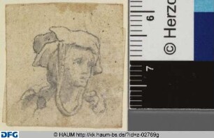 Weiblicher Kopf im Dreiviertelprofil mit Haube