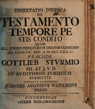 Dissertatio Jvridica De Testamento Tempore Pestis Condito
