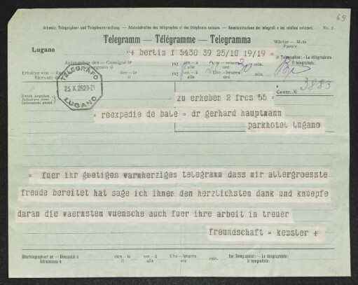 Brief von Harry Kessler an Gerhart Hauptmann