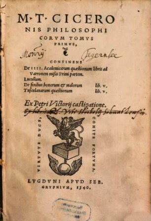 M. Tvllii Ciceronis Opera, 7. M. T. Ciceronis Philosophicorvm Tomvs Primvs : Continens De IIII. Academicarum quaestionum libris ad Varronem mißis Primi partem, Lucullum, De finibus bonorum & malorum lib. V., Tusculanarum quaestionum lib. V.