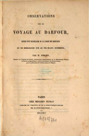 Observations sur le voyage au Darfour, suivies d'un vocabulaire de la langue des habitants et de remarques sur le Nil-Blanc supérieur