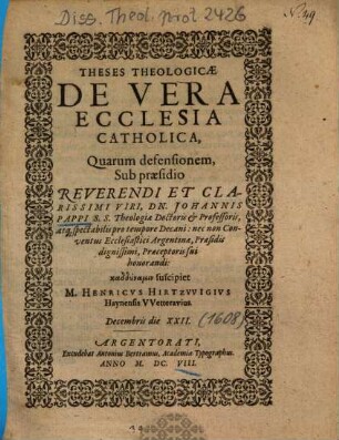 Theses Theologicae De Vera Ecclesia Catholica