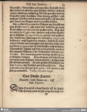 Das Fünffte Capitel. Bericht, und Antwort uff das Examen