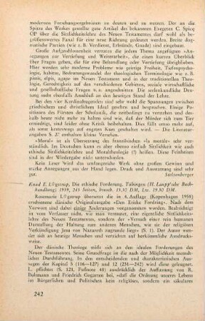 242-243 [Rezension] Løgstrup, Knud E., Die ethische Forderung