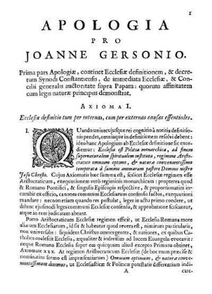 Apologia Pro Joanne Gersonio. Prima pars Apologiæ, continet Ecclesiæ definitionem [...]