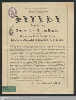 Einladung zum Sommerfest der Section Dresden der vereinigten Gebirgsvereine für die Sächsische Schweiz zum Besten der Unterstützungs-Casse für Hilfsbedürftige im Vereinsgebiete