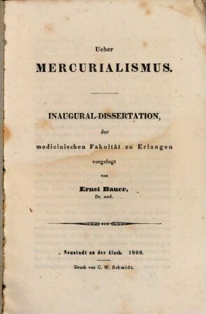 Ueber Mercurialismus : Inaugural-Dissertation der medicinischen Fakultät zu Erlangen